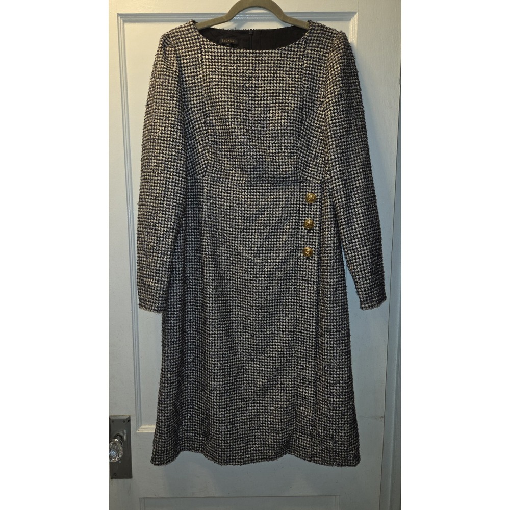 Vintage 90's Escada Black White Houndstooth Tweed Dress. Gold Buttons. 42. US 14